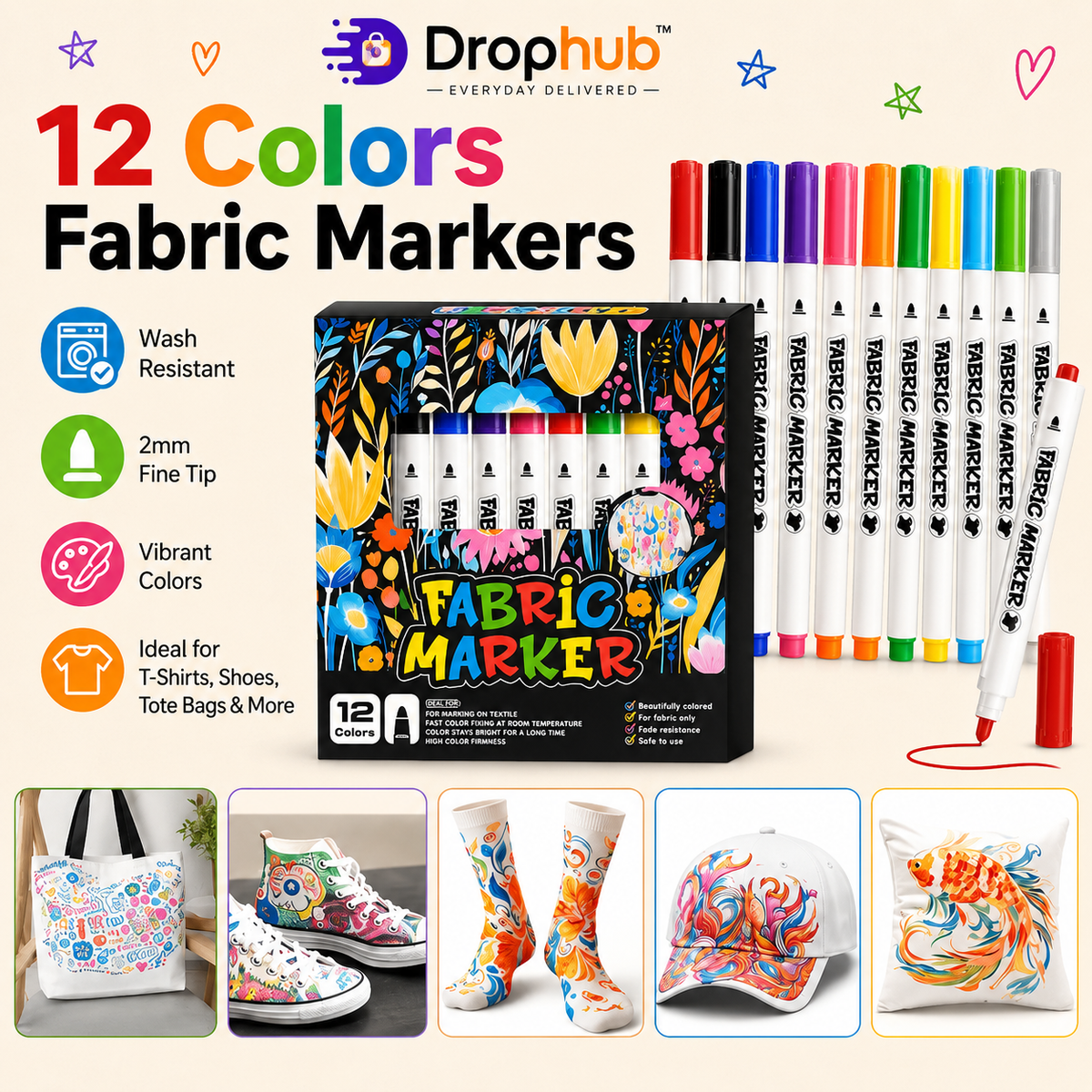 12-Pack Fabric Markers for Clothes