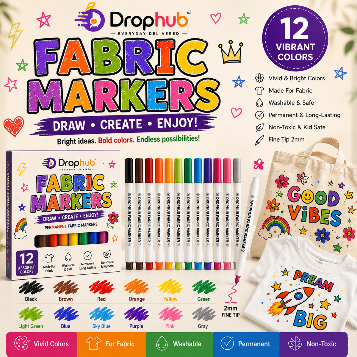 12-Pack Fabric Markers for Clothes