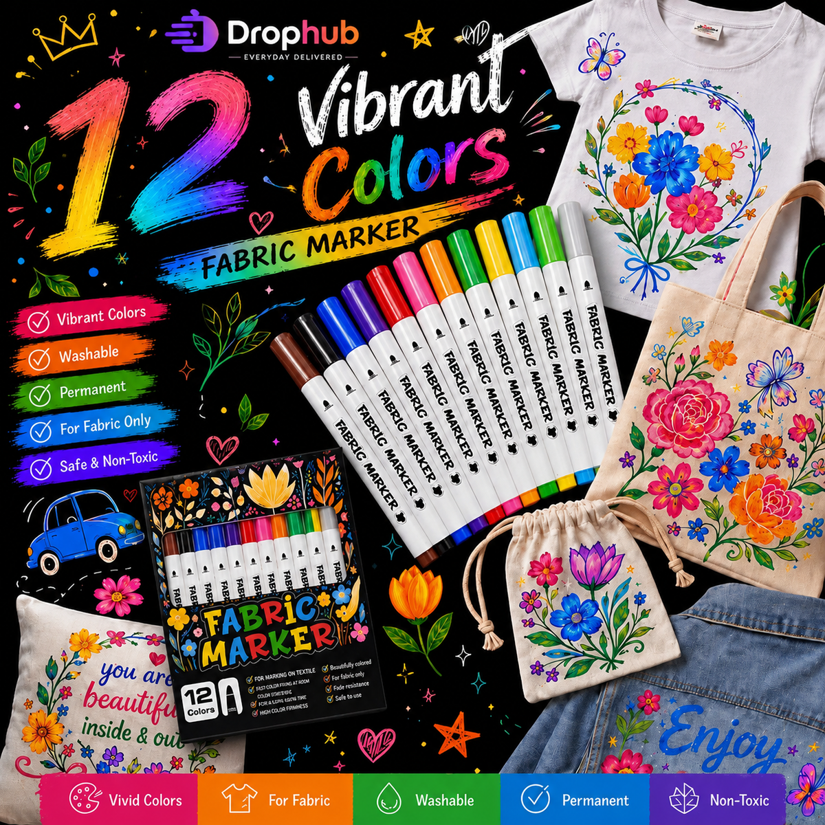 12-Pack Fabric Markers for Clothes